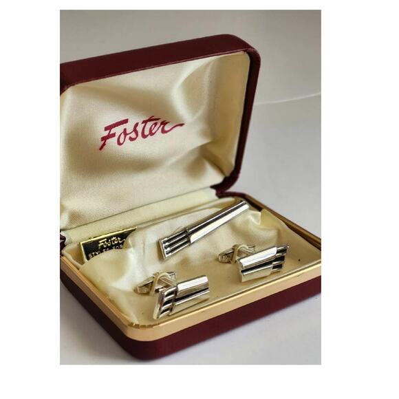 Vintage Foster Silver Cufflink and Tie Clip Set, NEW OLD STOCK, Gifts for Him - Picture 2 of 9